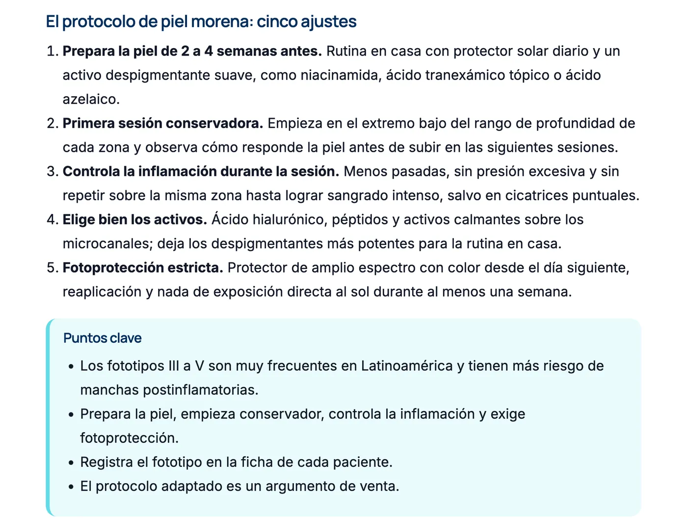 Vista de la clase de muestra: protocolo paso a paso y puntos clave